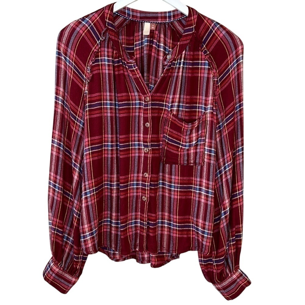 Pilcro‎ Women's Plaid Button-Down Long Sleeve Shirt Size M Red Blue Wool Blend